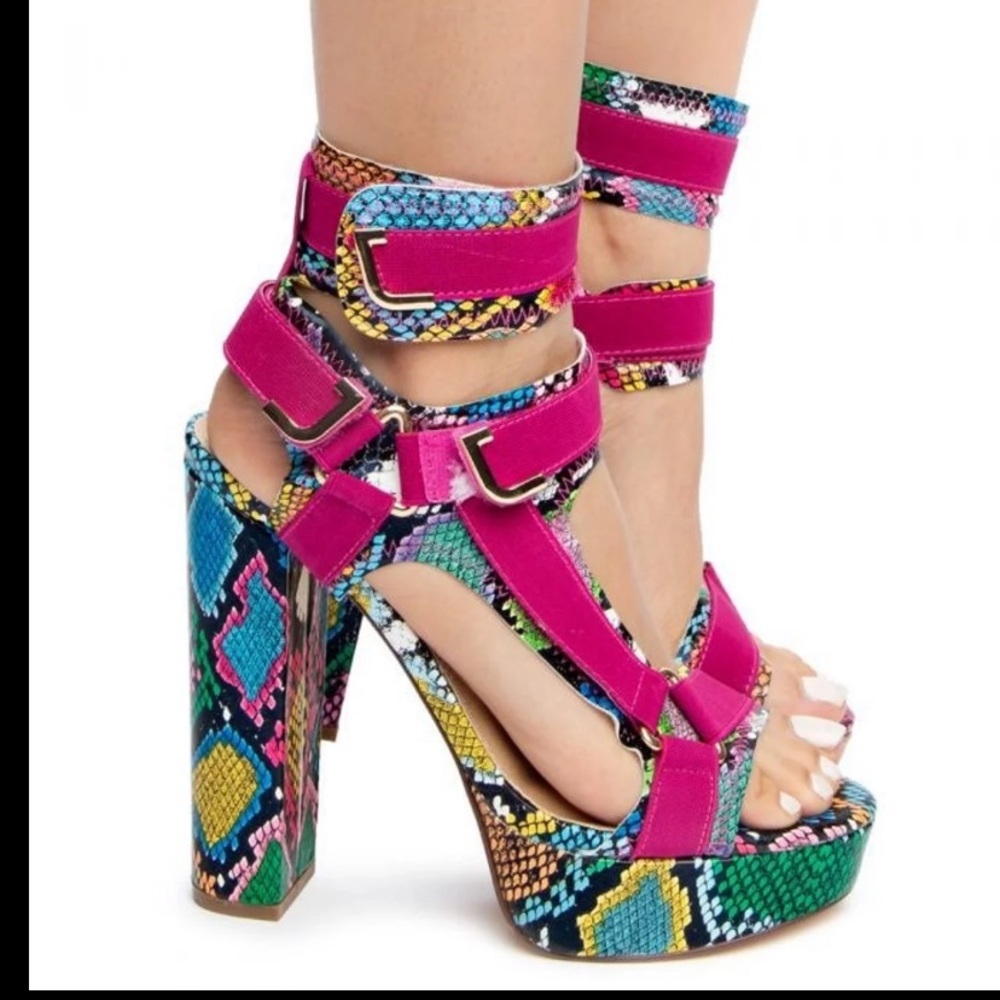 Snakeskin pattern pink/green multi platform Velcro sandals Size 10 brand new